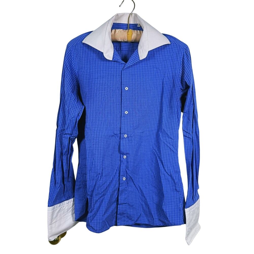 Eytan Mizrahi Mens Blue Check Dress Shirt Size Small French Cuff Preppy Office